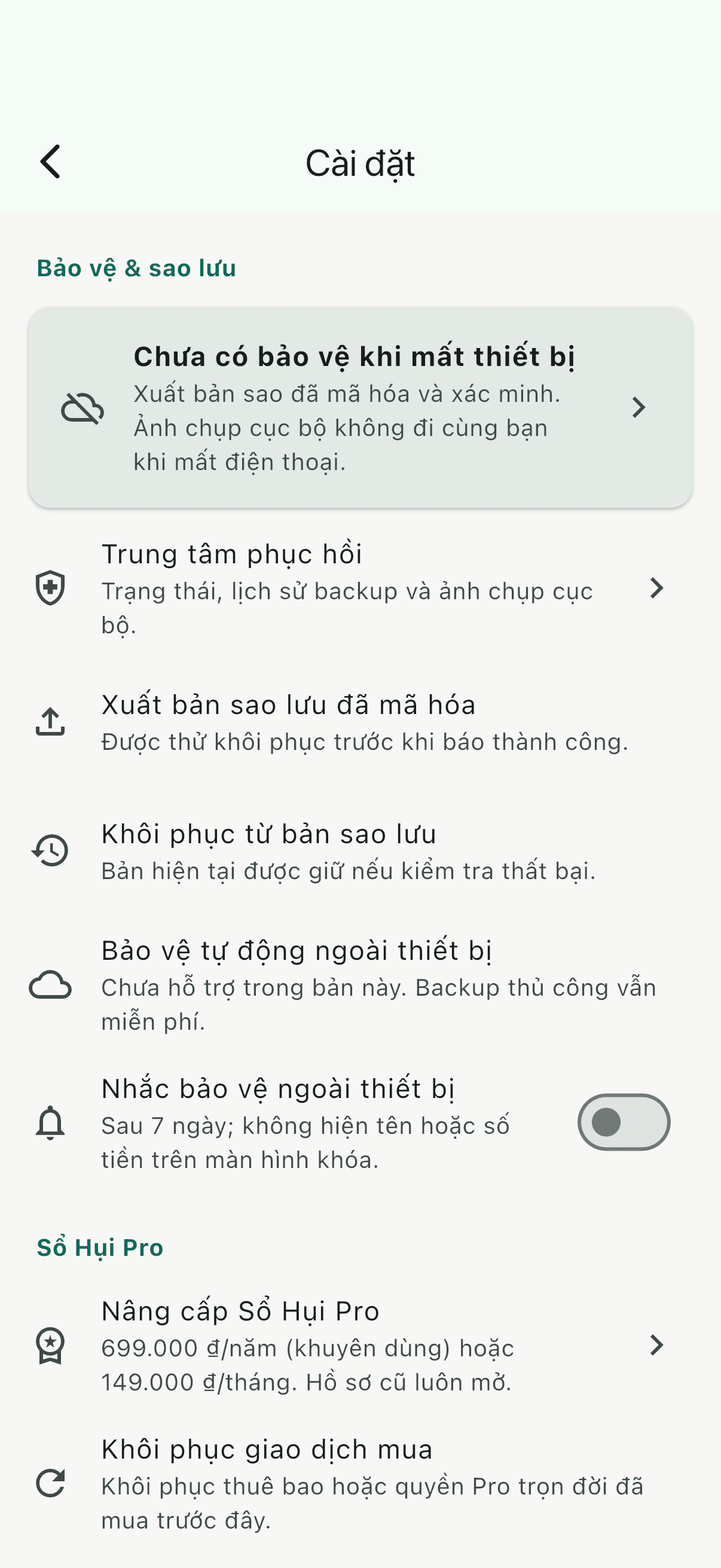 Cài đặt sao lưu của Savings Circle VN
